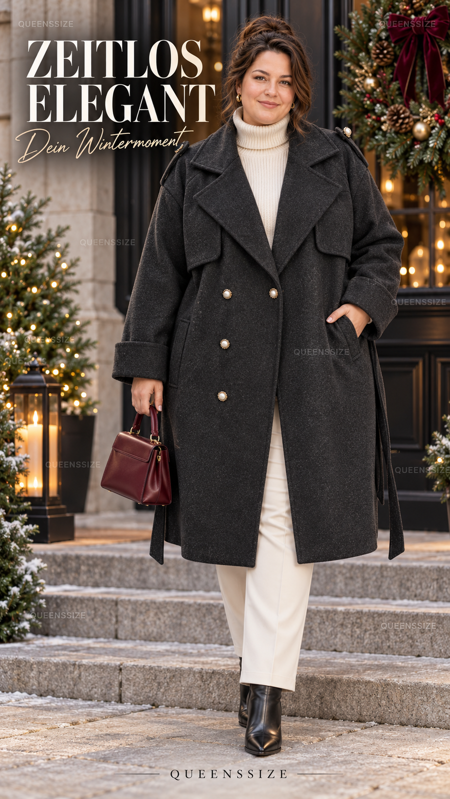 LINDSAY eleganter Curvy Mantel mit Perlenknöpfen und Bindegürtel, große Größen 54–58 – Produktbild 2